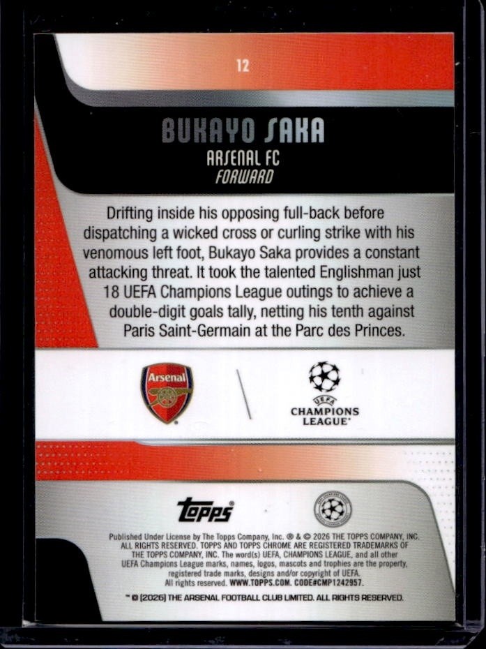 2025-26 Topps Chrome UEFA Sapphire Bukayo Saka Orange Refractor #/25 Arsenal view 2