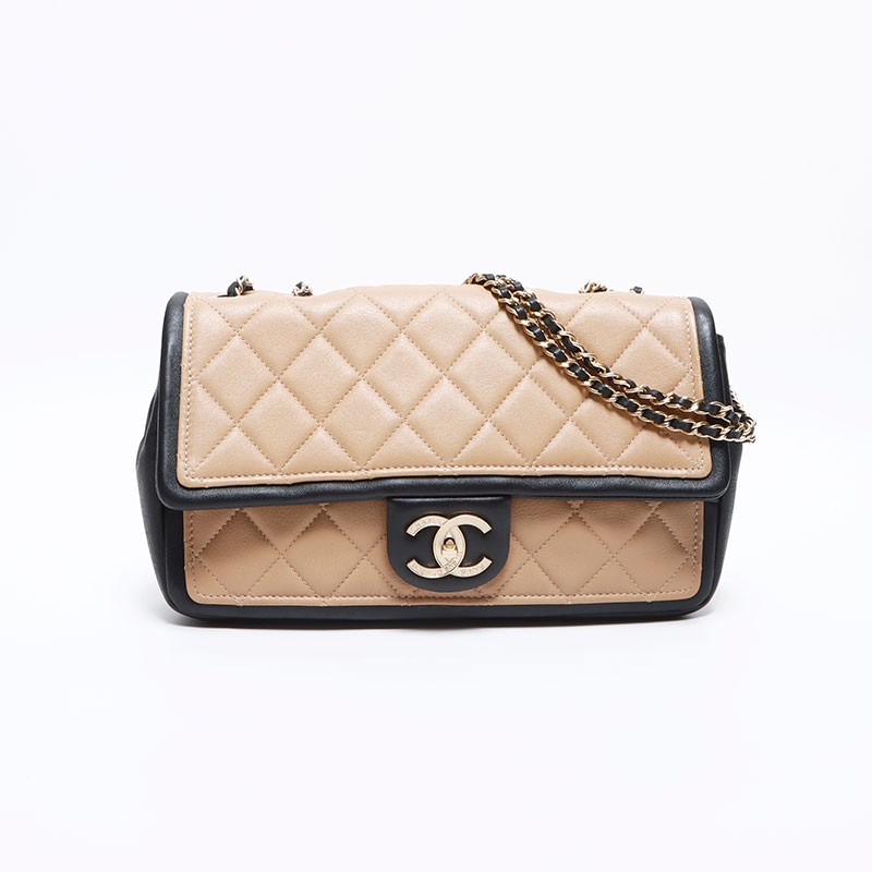 CHANEL 20-series Lambskin Matelasse Bicolor Shoulder Bag in Beige and Black WS12664