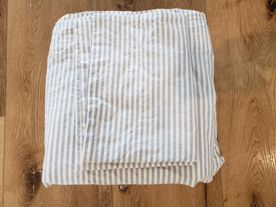 Pottery Barn 青少年拳击手条纹有机床单套装 XL- 双 Rockport 蓝色和白色 — 第 2/3 张图片