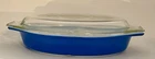 Vintage Pyrex Royal Blue Divided 1-1/2 Quart Dish 28 w/ Gold Medallion Lid 945C7