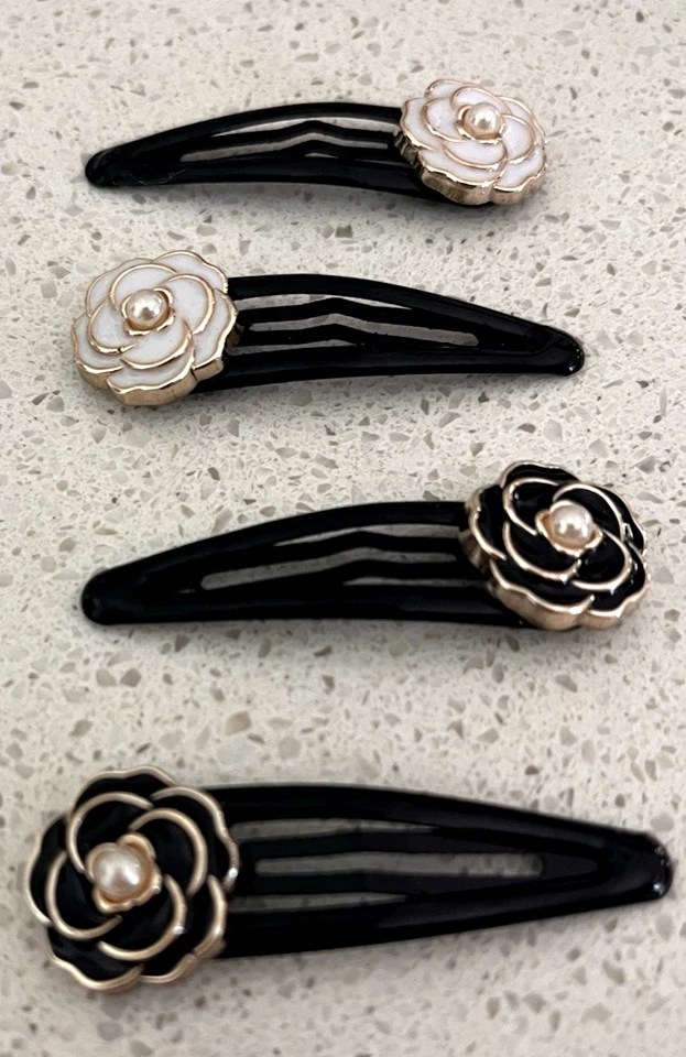 Designer Inspired Camellia Hair Clips Set of 4 Black Gold White Gold Faux Pearl - Image 2 of 4