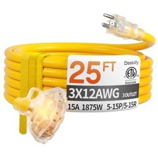 25 ft 12 Gauge Heavy Duty 3 Outlet Extension Cord Splitter with 25FT-1pc