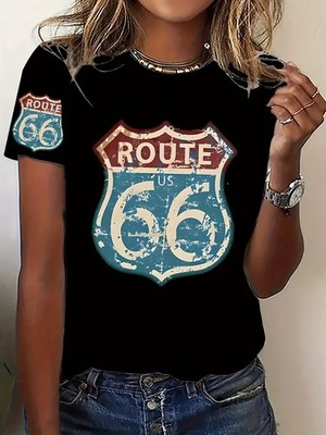 Vintage Classic Casual Women's Short-Sleeve T-Shirt - Route 66 Badge Design, U