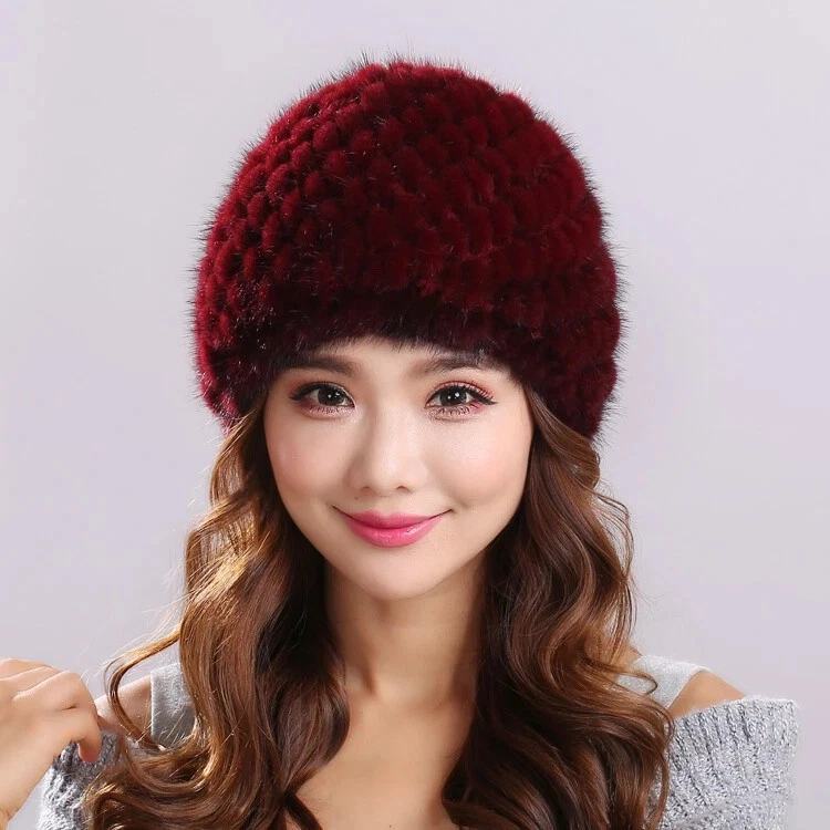 Real Mink Fur Hat Winter Warm Knitted Cap Beanies Stretch Outdoor Ski Hat