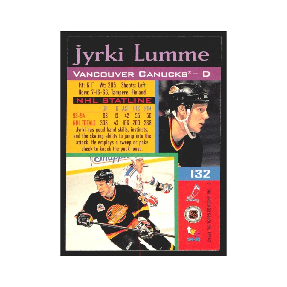 1994 Stadium Club Jyrki Lumme Vancouver Canucks #132 - Image 2 of 3