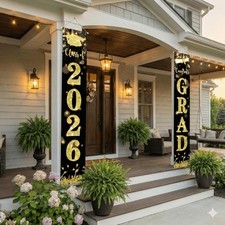 Class of 2026 Graduation Porch Banners Black Gold Congrats Grad Outdoor Sign