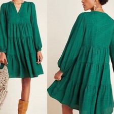 Anthropologie Maeve Amber Tiered Long Sleeve Tunic Babydoll Mini Dress Green XS