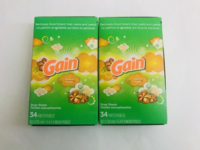 Lot of 2 Gain Dryer Sheets Fabric Softener, Island Fresh Scent, 34 Ct (68 Total)