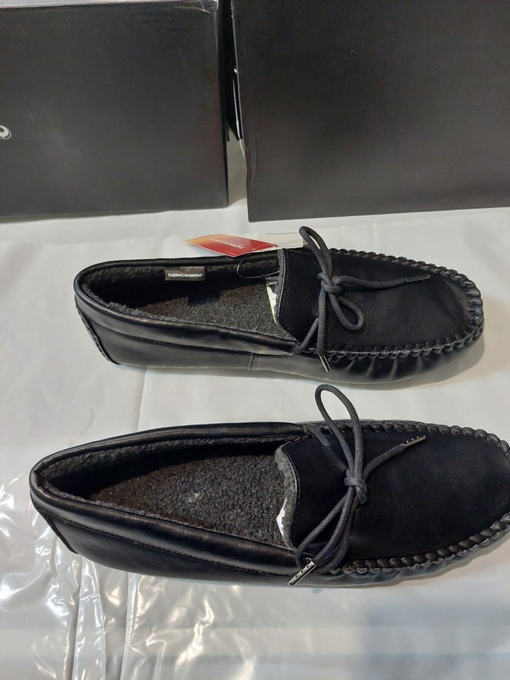 M&S Men's Black Thermowarmth Leather Slippers Size UK10 EU44.5 eBay