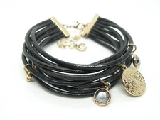 C1946 Signed 8 Black Leather Straps Gothic Gold Tone Medallion Bracelet Bangle