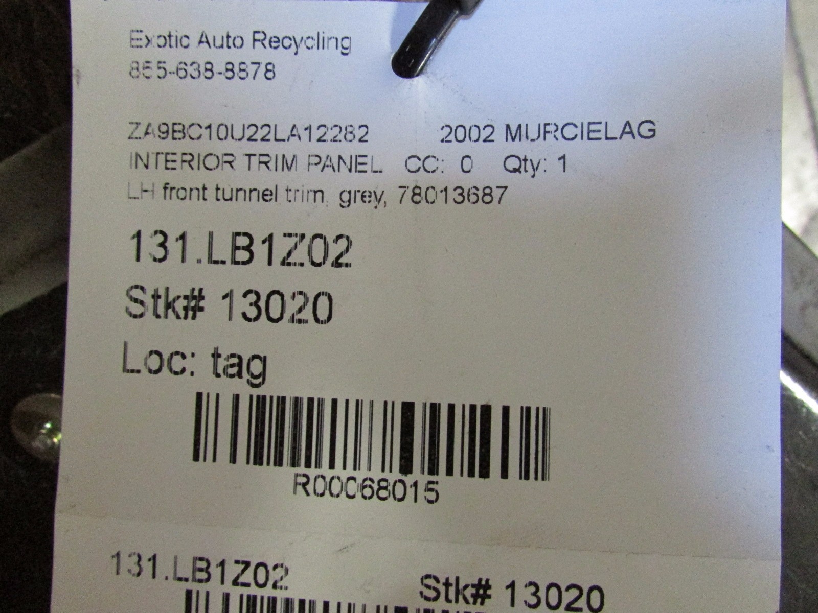 Lamborghini Murcielago, LH, Left Front Tunnel Trim Panel, Grey, Used 78013687