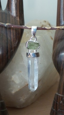 Moldavite Lemurian Quartz Crystal Solid 925 Sterling Silver Quality Gem Pendant