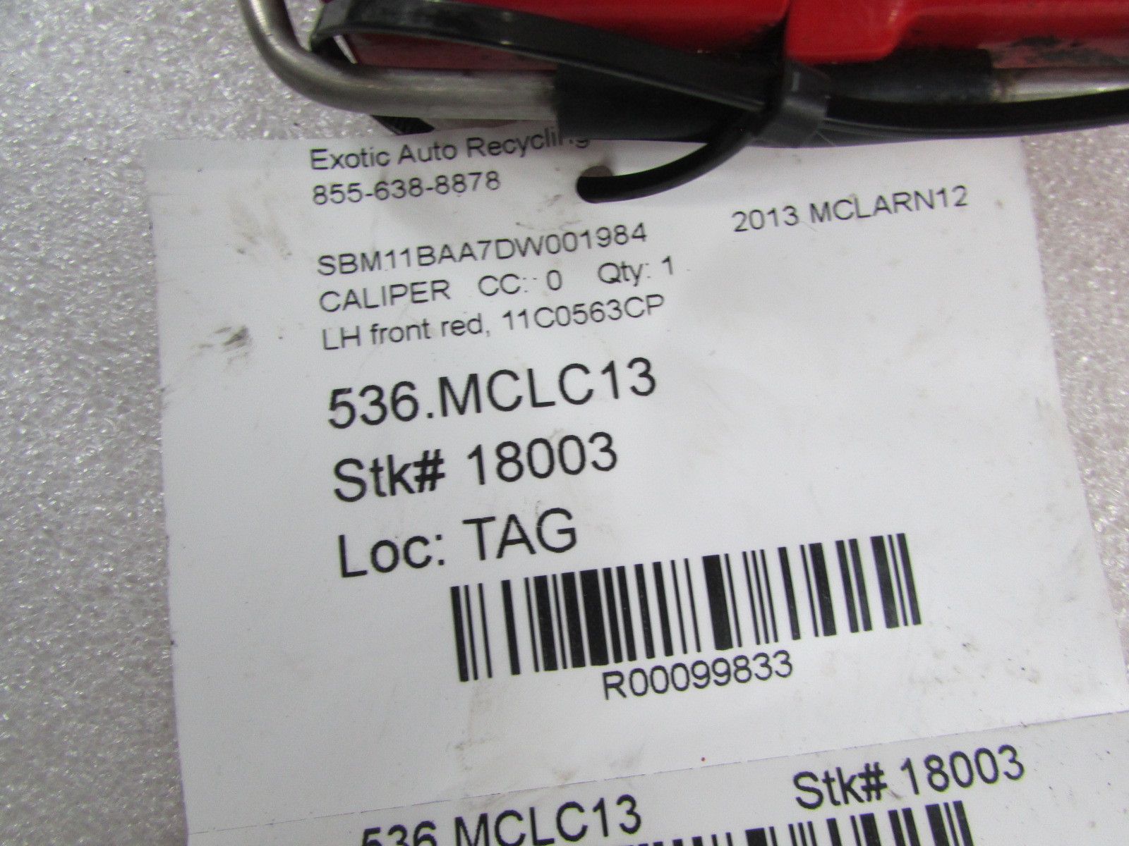 McLaren MP4-12C, LH, Left Front Brake Caliper, Red, Used, P/N 11C0563CP