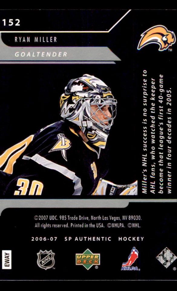 2006-07 SP Authentic #152 Ryan Miller N /999 - Image 2 of 2