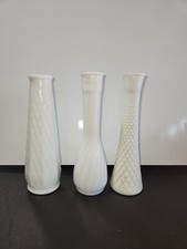 3 Vintage White Milk Glass Bud Flower Vases E O Brody Swirl Diamond Pattern