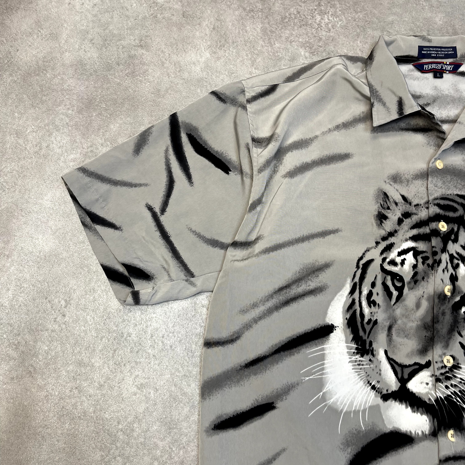 Perruzo Sport Tiger Shirt Mens All Over Print Vintage Button Up Top, Grey, Large image 5