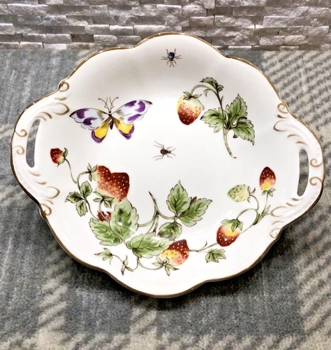 Vintage Coalport Strawberry 7 5/8" Bon bon Dish with handles, EXCELLENT
