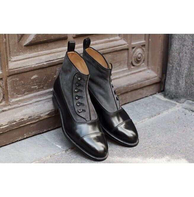 's Black Leather, Gray Suede Toe-cap Side Buttons High Ankle