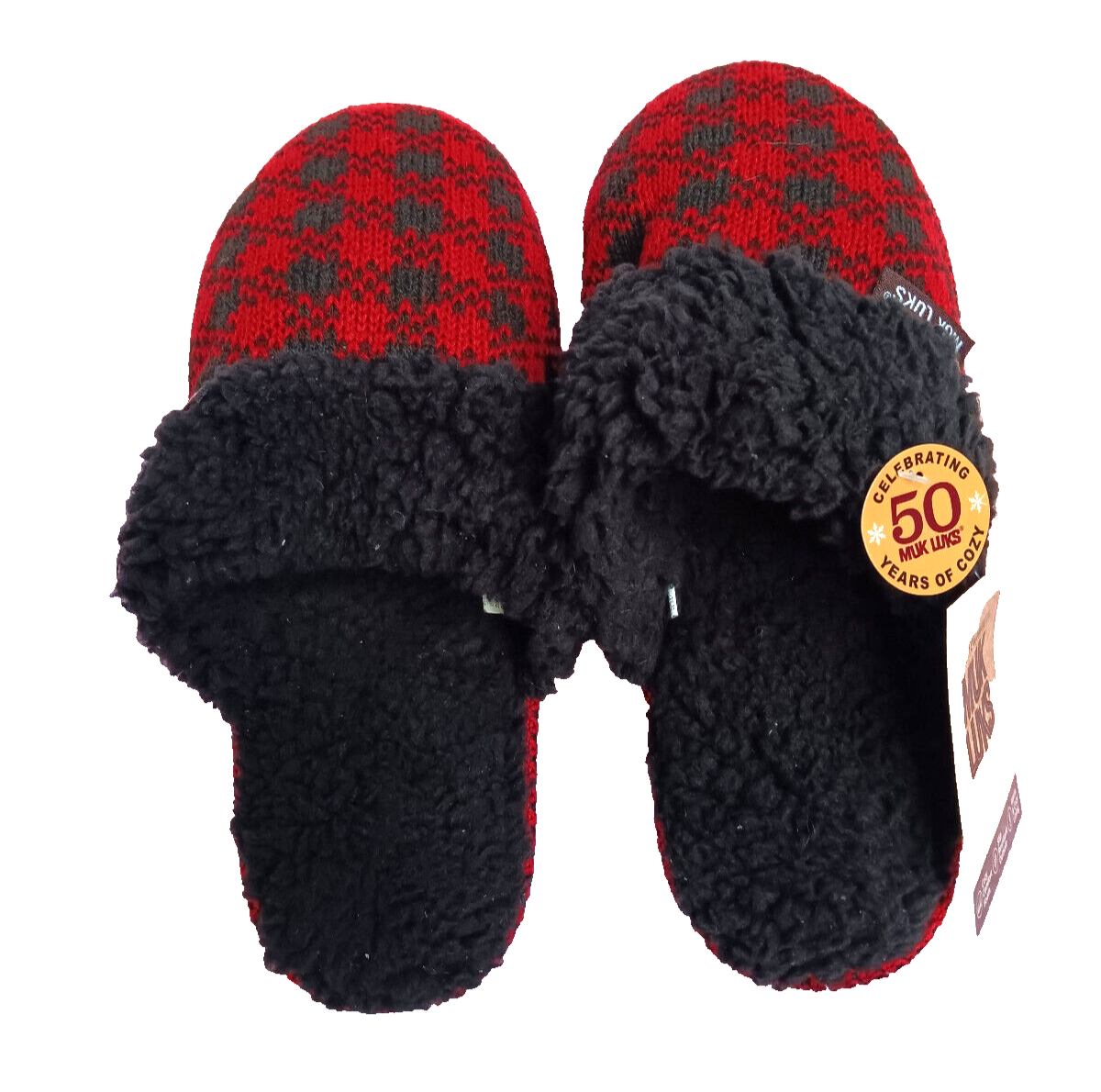 MUK LUKS Women's Red Plaid Knit Clog Slipper with Faux Fur Trim