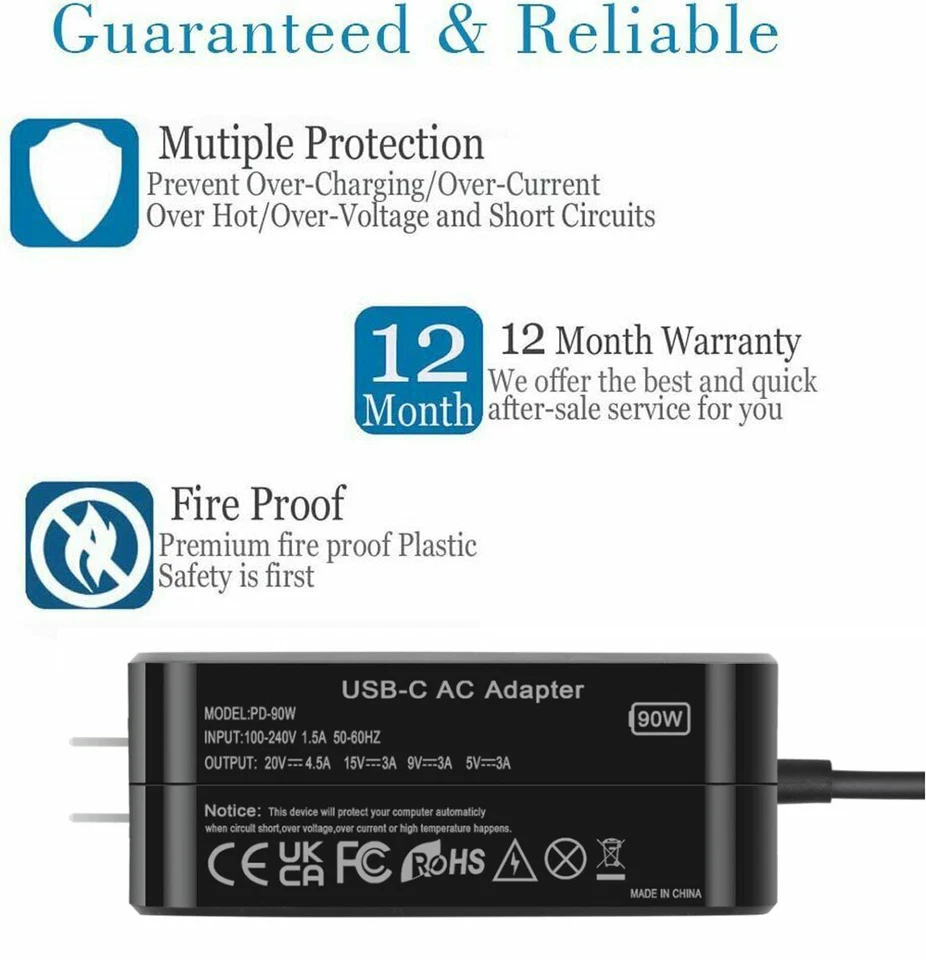 Cargador adaptador de CA de 90 W para Dell Latitude 7389 2 en 1 PC cable de alimentación red Foto 3 de 4