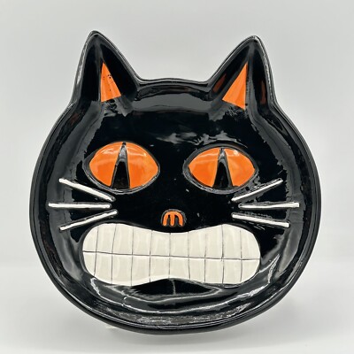 Halloween Dolomite Scared Black Cat Candy Tray 9 Inch Across Whimsical And Fun