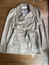 Anthropologie Leifsdottir Khaki Double Breasted Trench Coat Puffy Sleeves Sz 8
