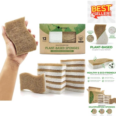 Pack of 12 Ergonomic Coconut Scrubber Sponges - Odor Resistant & Biodegradable