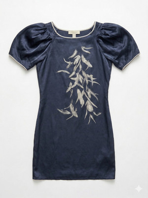 Elisabetta Franchi Silk Dress Feather Print Puff Sleeve Blue Gray Size IT 40 Ele