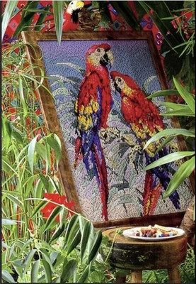 EHRMAN rote Papageien KAFFE FASSETT seltene PANEL Vintage GOBELIN NADELSPITZEN-SET