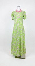 VTG 70s Prairie Maxi Dress Matching Bonnet Set Daisy Floral Lime Green Pink Puff