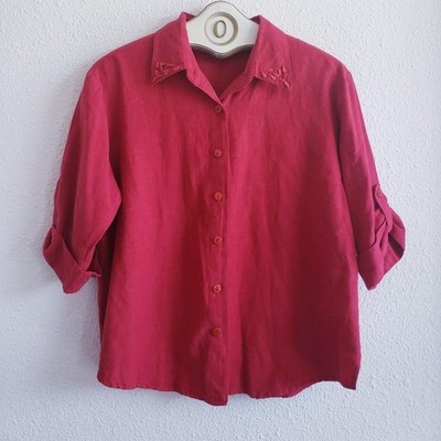 Vintage Women Linen /rayon Red  Blouse  Button Down Shirt Size L