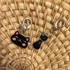 Enamel Black Cat Bag Charm Lot Of 2 Kitten Blushing DIY Jewelry Cat Lady Gift