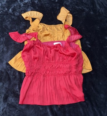 Lot of 2 Medium Anthropologie Women's Tiered Ruffled Tank Honey/Gold & Red