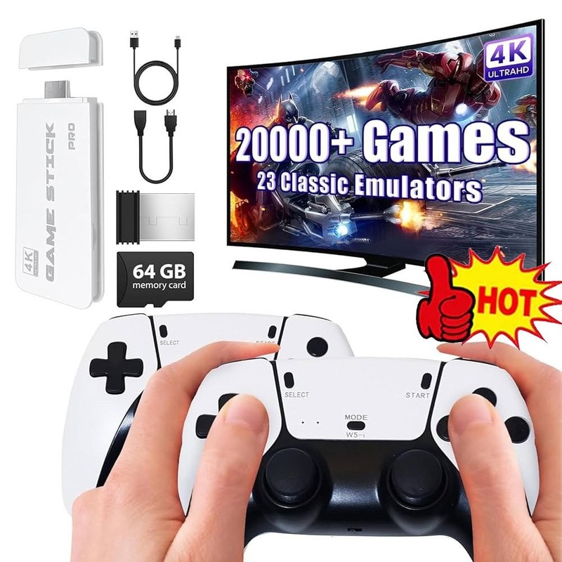 4K HDMI TV Game Stick Console Built-in 64GB 20000+Retro Games+2 Wireless Gamepad