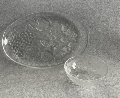 Vintage Rayware Woodland Fruits Oval Servier Pressglas Platte Teller & Schüssel