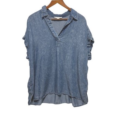 Jane Delancey Womens Chambray Babydoll Top 1X Blue Ruffle Sleeve Western