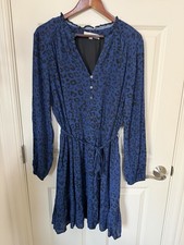 NWT  LOFT Dress Leopard Print blue and blackA-Line XL Long Sleeve Belted Knee
