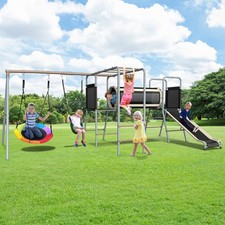 Juego de columpios de metal para patio de recreo juego al aire libre para niños con tobogán, 2 columpios, escalera