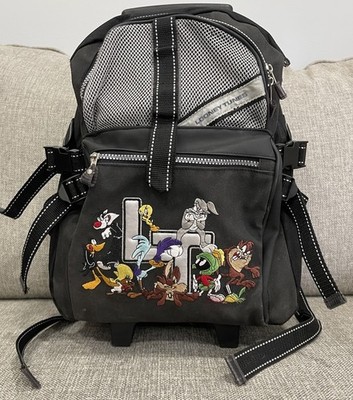 Looney Tunes Rolling Roller Backpack Travel Luggage Black Small Vintage Y2K 2000