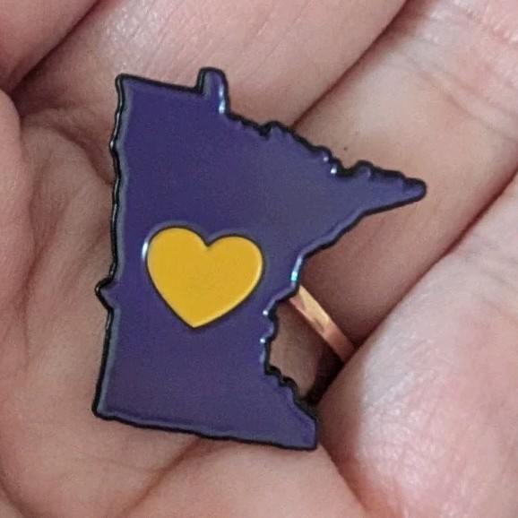 Minnesota State Shape Pinback Pin Purple Design with Yellow Heart Accent