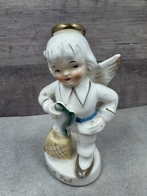 Vintage Napco August Pal Angel Figurine # 1600 Boy Fish Creel 4  Tall Japan