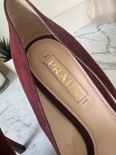 £575 Auth PRADA Burgundy Suede Bow Court Shoes, Prada High Heels, 39 EU / 6 UK - Picture 8 of 14