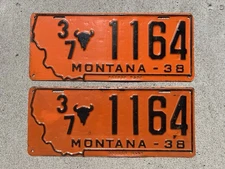 1938 Montana License Plate Pair 37 Bison 1164 PRISON MADE Daniels Co Scobey YOM