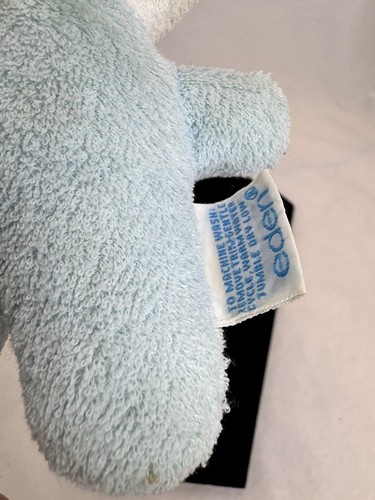 Vintage EDEN Plush BUNNY Rabbit Rattle Terry Cloth White 7” Blue Yellow Bow Tiny - Picture 6 of 15