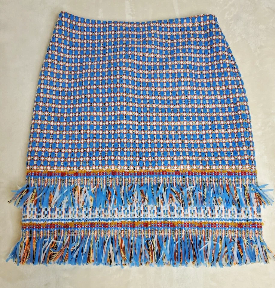 PER SE Women Size US 2  Tweed  Fringe Pencil Skirt Boho Blue White 