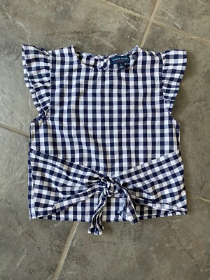 French Toast Girls Ruffled Sleeve Top Size 7. Navy/white Checked Tie At Front