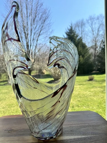 Vintage Murano Art Glass Abstract Swirl Patterned 15” Vase Split Vase