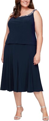 Alex Evenings Navy Blue Matte Jersey Sequin Beaded Midi Dress Size 18W $179