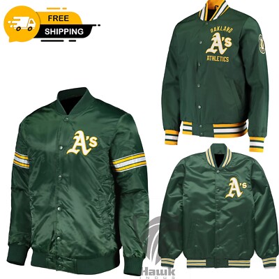 MLB Vintage style Green Oakland Athletics Satin Bomber Varsity Jacket  Snap-Up