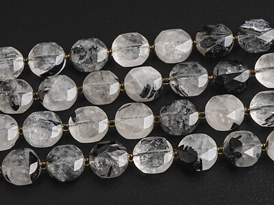 Natural Black White Rutilated Quartz Beads AA Flat Round 8MM 10MM Loose Beads